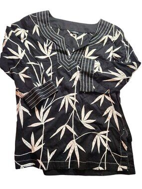 Womens Top Talbots Black White Leaf floral Cotton Blend 3/4 Sleeve Size 10